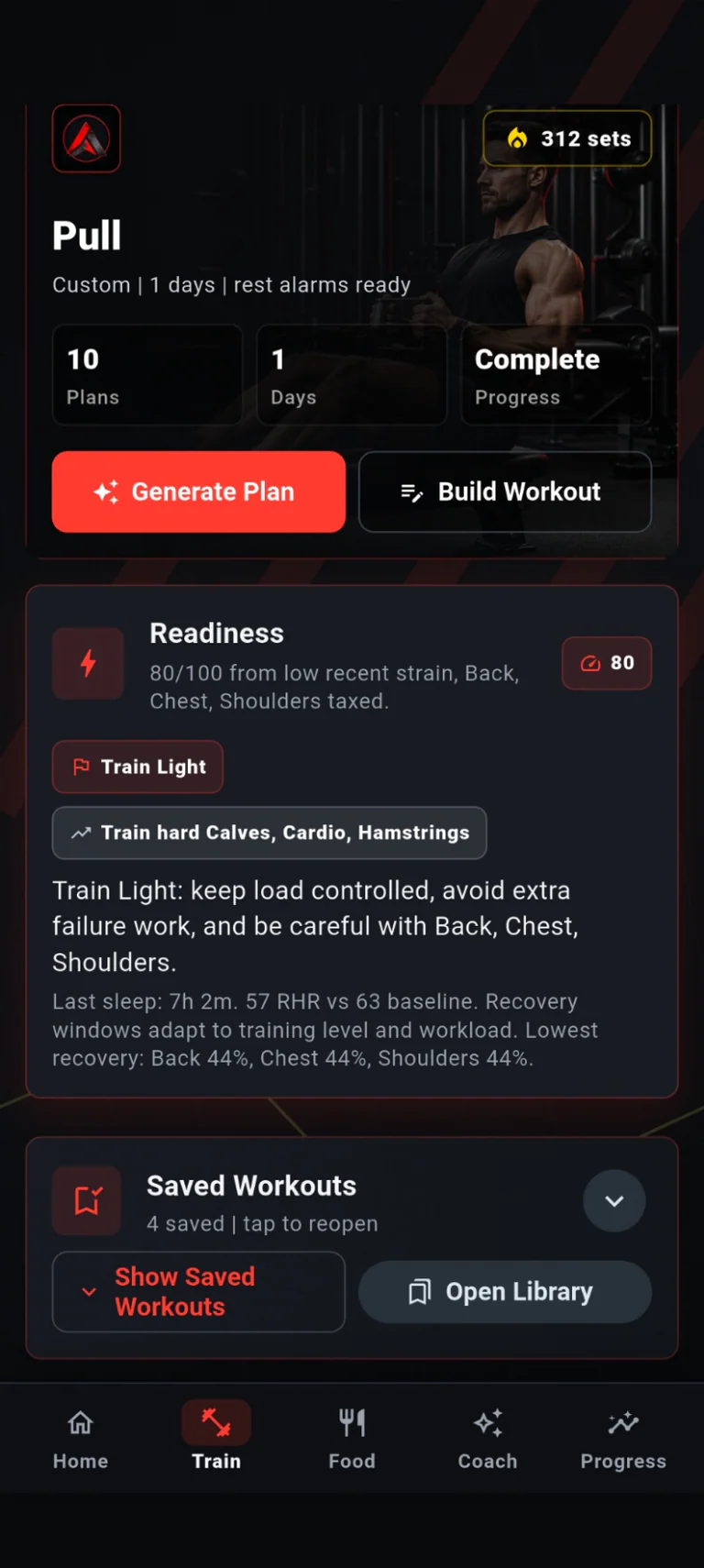 Apex Iron Train screen showing readiness and saved workouts