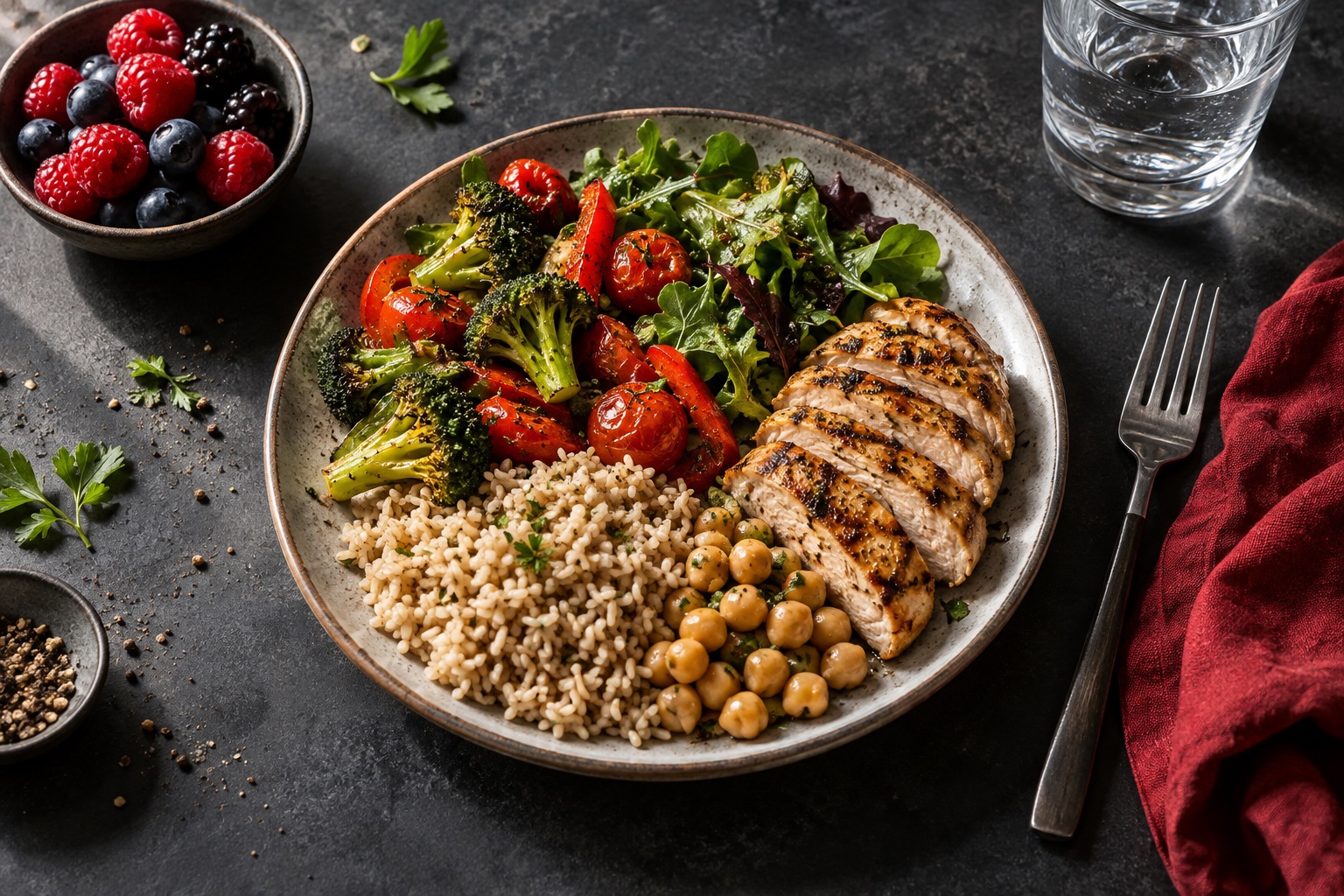An example balanced meal with colorful produce, protein, and a grain portion