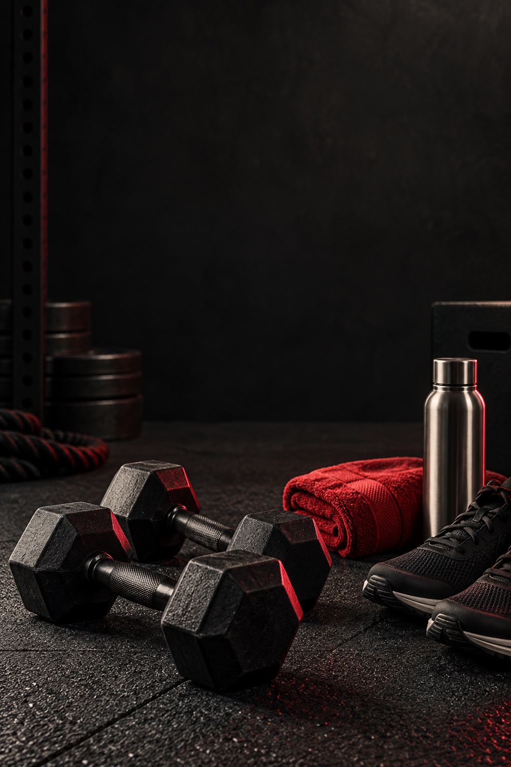 Dumbbells, a red towel and training shoes in a dark gym